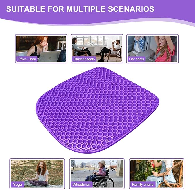 Gel Seat Cushion for Long Sitting Seat Pad For Car Office Chair Wheelchair | Cool & Breathable & Comfortable,Purple Gel Seat Cushion For Car,Chair,Car Seat Cushion Gel Seat Pad For Hip Pain - Image 8