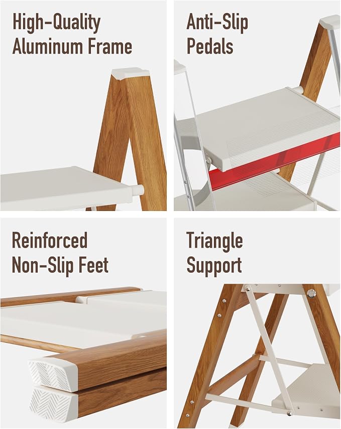 Mayi Plus 2 Step Stool Foldable, Aluminum, Lightweight Step Ladder | Extra-wide anti-slip folding steps with 330 lbs, for home,kitchen,office,outdoor,White & Woodgrain - Image 8