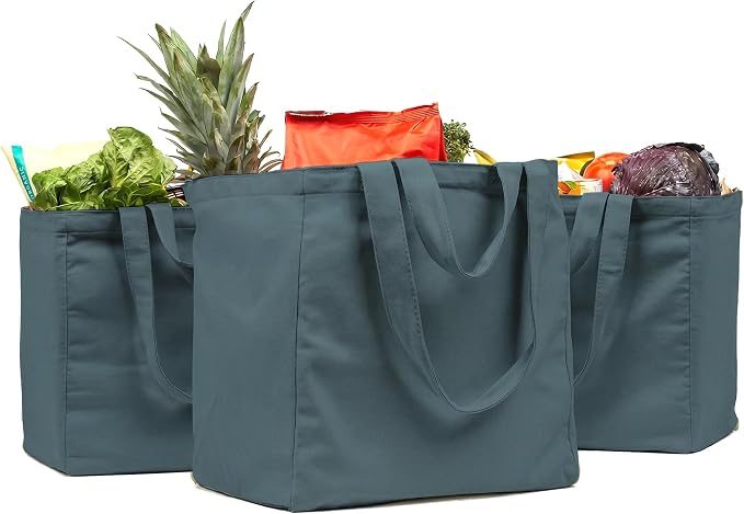 VeraMia Canvas Grocery Bag 3pc XL Set with Real Pockets, Long Shoulder Strap and Short Handle. Heavy Duty, Foldable, Washable by VeraMia