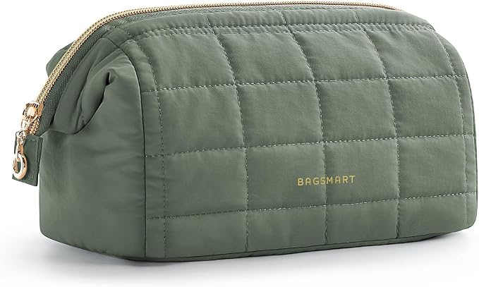 BAGSMART Makeup Bag Travel Toiletry Bag, Zipper Pouch, Olive Green | Wide-open, Puffy Padded, Travel Essentials, Make Up Bag, For Women, Makeup Organizer, Toiletries Accessories Brushes by BAGSMART