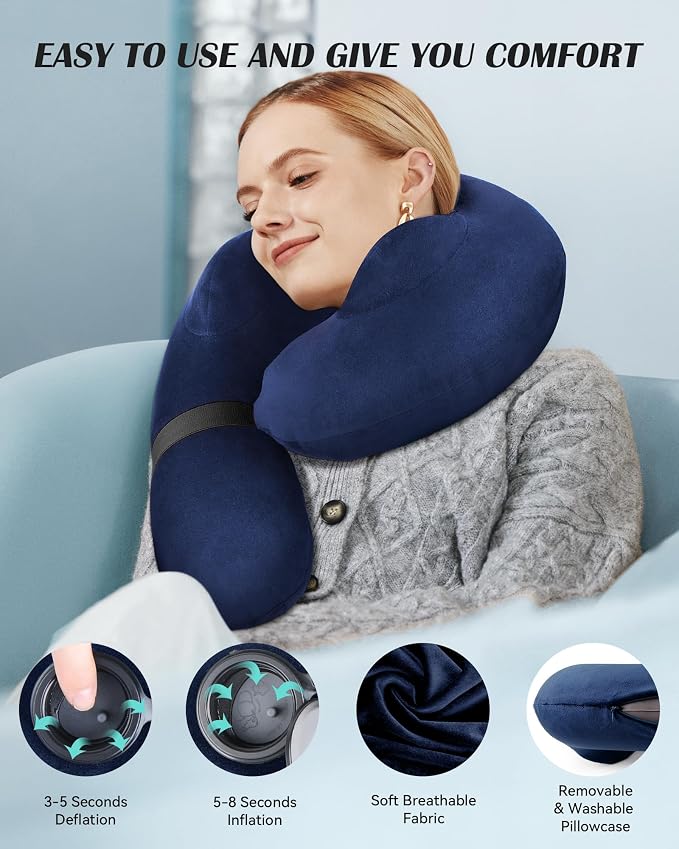Patented Design Inflatable Travel Neck Pillow – Airplane Neck Pillow with 360° Head & Neck Support, Soft Washable Velvet Cover, Compact Neck Support Pillow for Airplane,Train,Car,Office & Home (Blue) - Image 2