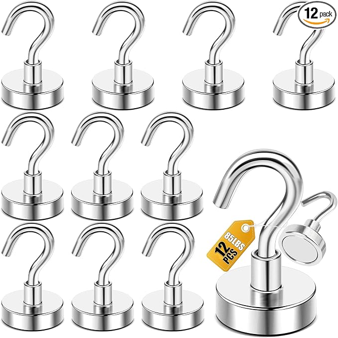 DIYMAG Magnetic Hooks 12pcs 85lbs Cruise Essentials 2026 Magnet Hook | Neodymium Heavy Duty Strong Magnets Hanging Ship Cabins Refrigerator Fridge Classroom Beach Vacation Kitchen Grills Home Tool by DIYMAG