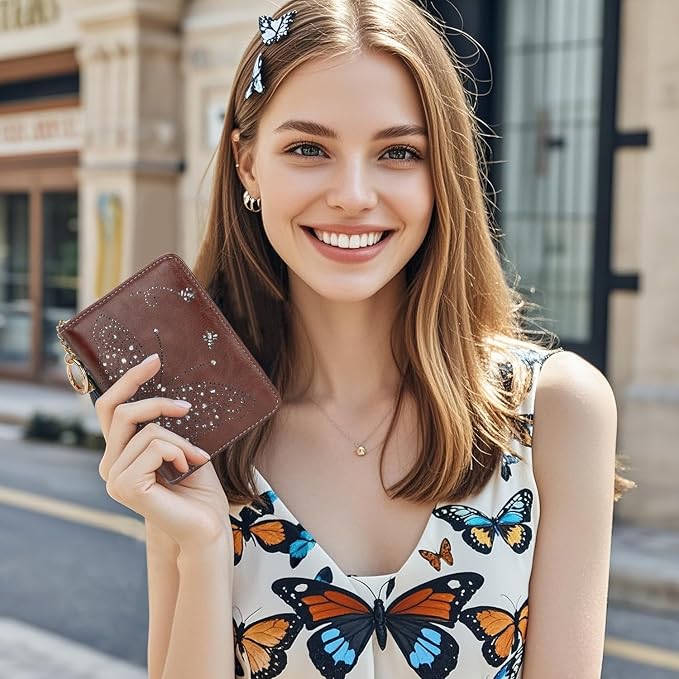 KITEVIUN Women RFID Blocking Small Bifold Wallet, Compact Cash Clutch with Zipper Coin Pocket, Glittery Butterfly Design, Credit Card Holder, Travel Purse with Tassel COFFEE - Image 2