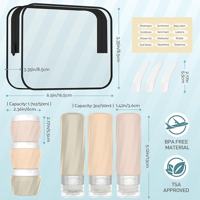 6Pcs Travel Bottles for Toiletries, Silicone Travel Size Containers Set | TSA Approved BPA-FREE Silicone Leak Proof Refillable Bottles and Jars, Women & Men Airplane Cruise Essentials Kit (CREAM) - Image 2