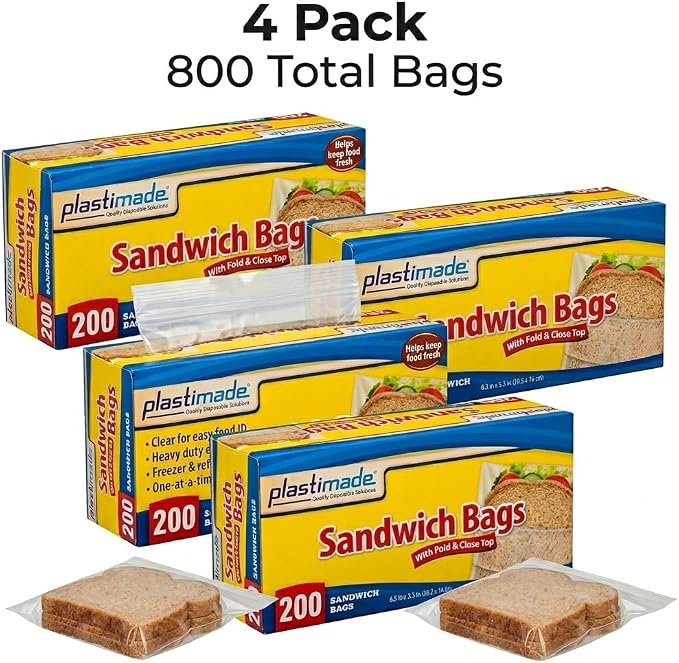 Sandwich Bags With Fold & Close Top (6.5 in X 5.5) in 200 Count Pack of 4 | Flip flap closure for school snacks, produce & portion control; no zipper design, easy open for kids, work & meal prep - Image 9