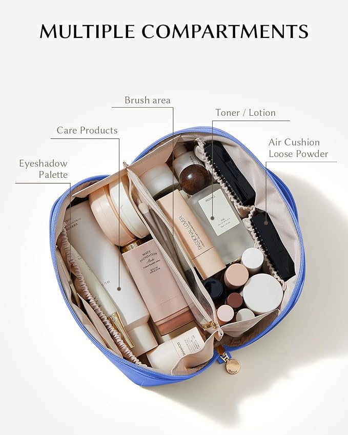 EACHY Travel Makeup Bag for Women, Flat Open Cosmetic Bag, Blue, Medium | Flat-open cosmetic organizer with pockets and clear TPU brush compartment for makeup, toiletries and travel essentials - Image 2