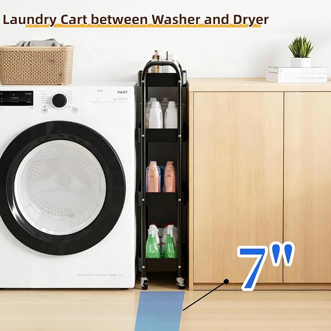 4 Tier Slim Storage Cart with Wheels for Laundry Room Between Washer and Dryer, 7.1'' Narrow Rolling Cart with Wheels and Lockable Casters, Metal Thin Standing Shelf for Small Space, Black - Image 2