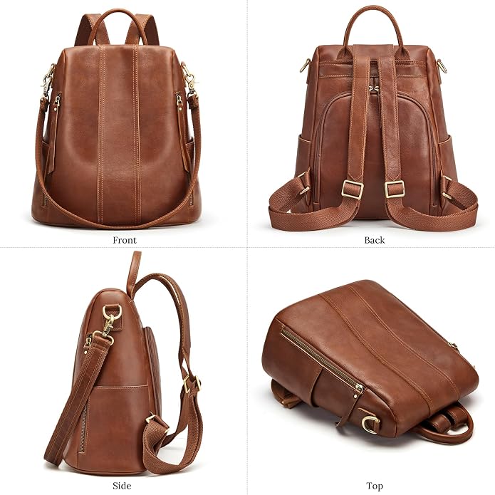 S-ZONE Leather Backpack Purses for Women Antitheft Rucksack Shoulder Bag Medium | Genuine Leather, Medium Fits 9.7-inch Tablet, for Work Travel Daily Commute, Multi Pockets, Adjustable Dual Straps - Image 7