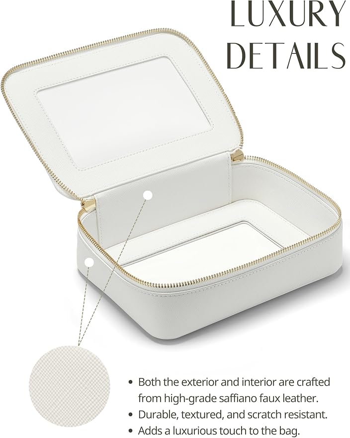 Clear Makeup Bag with Zipper, Women Travel Toilrty Bag White Medium | Structured Clear Cosmetic Case, Car Essential Organizer Bag, Waterproof PU Leather, Dual Zipper, Wide Opening and Compact - Image 4