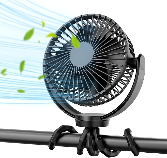 Koonie 5000mAh Portable Stroller Fan - 3-Speed Battery Operated, Flexible Clip-on Tripod, 360° Rotate Flexible Tripod，USB Rechargeable Cooling for Bike, Treadmill, Travel & Car Seat by Koonie