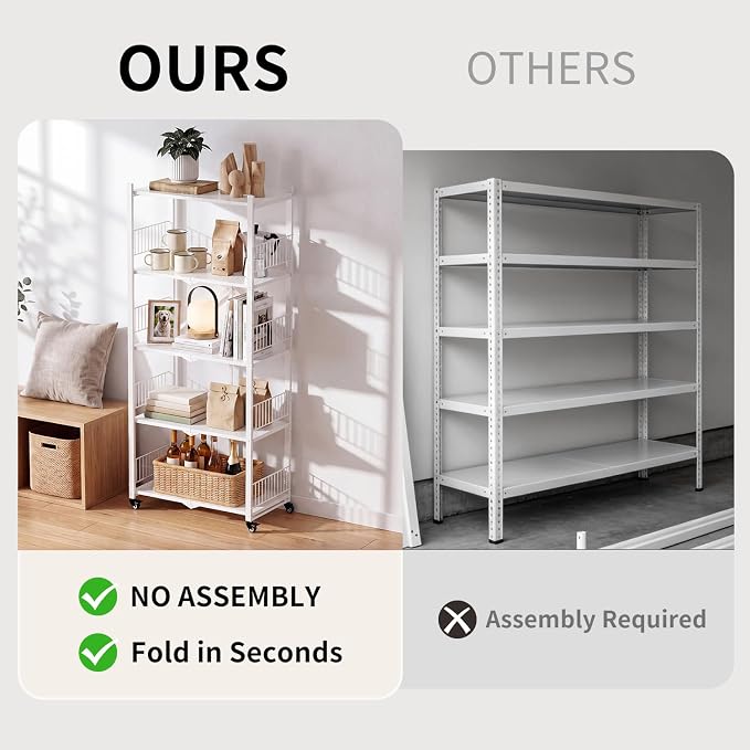 Folding Shelves No Assembly, 5 Tier Foldable Storage Shelves with Wheels, 220LBS Per Shelf Metal Collapsible Rack for Pantry Storage & Home Organization, White - Image 8