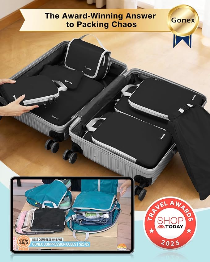 Gonex 10-Piece Compression Packing Cubes with Travel Organizer Set | Expandable Design, Hanging Toiletry Bag, Laundry Bag, Shoe Bag, Accessories Bag, Ripstop Fabric - Image 2