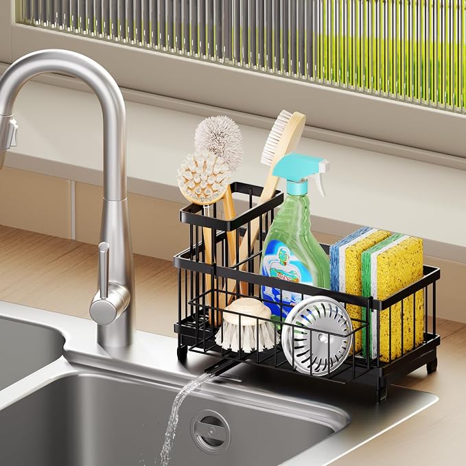 SWTYMIKI Sink Caddy Sponge Holder - Large Sponge Holder for Kitchen Sink with 360°Auto-Drain Tray, Rustproof Stainless Steel Kitchen Organizer Caddy for Countertop Organization - Image 8