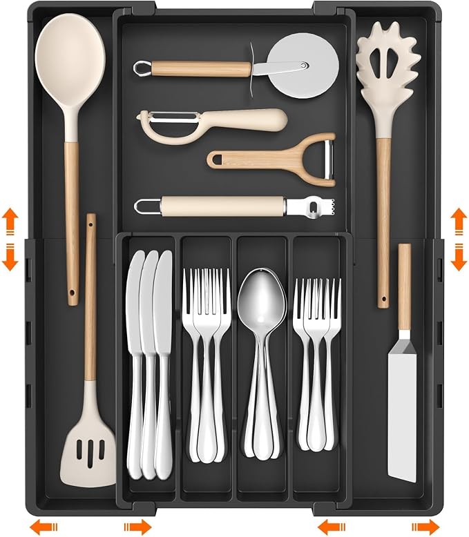 Lifewit Expandable Silverware Drawer Organizer, Utensil Tray for Kitchen | BPA Free Flatware Cutlery Holder, Adjustable Plastic Storage Spoons Forks Knives, 8.9-14.3 x 11.3-19.4 x 1.7", Black by Lifewit