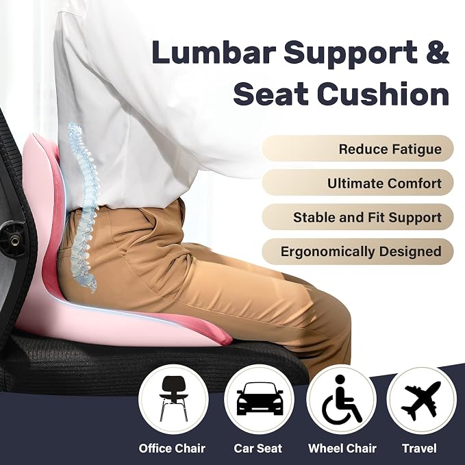 Coverado Car Seat Cushion and Lumbar Support Pillow One Piece, Memory Foam Ergonomic Back Support Driving Seat Cushion for Back Pain, Non-Slip Washable Cushion for Car, Driver, Office - Image 3
