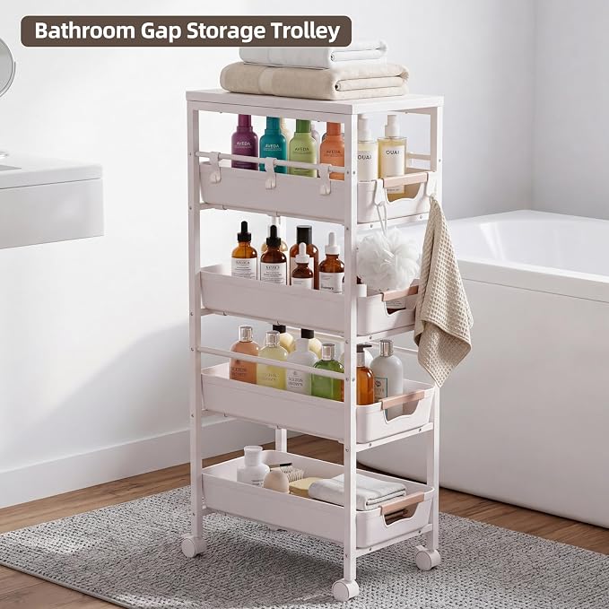 5 Tier Slim Rolling Storage Cart with Pull-Out Drawers, White | Narrow Utility Organizer Cart, Wooden Top, Wheels, For Small Spaces, Kitchen, Bathroom, Laundry Room - Image 7