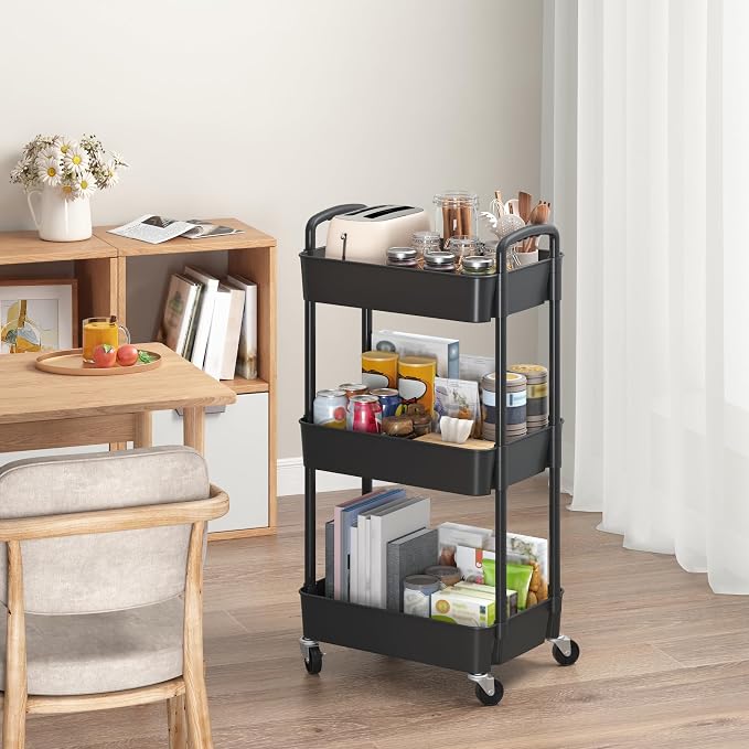 Sywhitta 3-Tier Plastic Rolling Utility Cart with Handle, Multi-Functional Storage Trolley for Office, Living Room, Kitchen, Movable Storage Organizer with Wheels, Black (Pack of 2) - Image 4
