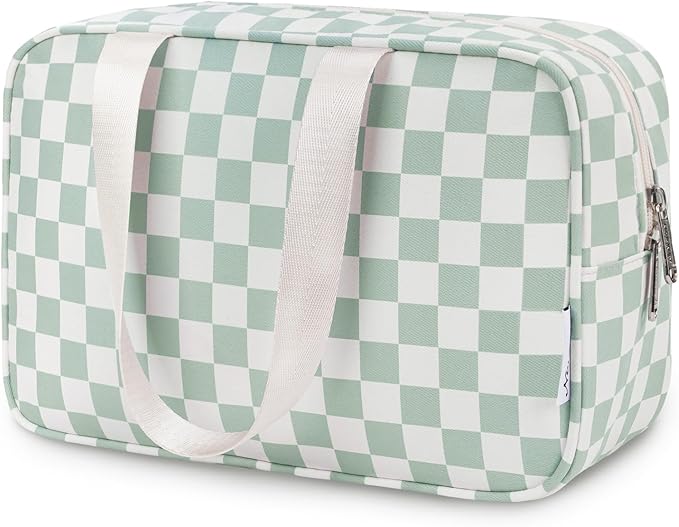 Narwey Large Capacity Travel Toiletry Bag Women, Checkered Makeup Bag with Handle, Portable Make up Cosmetic bag Organizer, Travel Bag for Toiletries, Skincare, Medicine, Essentials (Green Checker) by Narwey