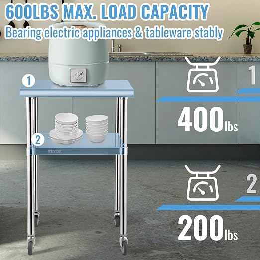 VEVOR Stainless Steel Prep Table, 24 x 24 x 33.5 Inch, 600lbs Load Capacity Heavy Duty Metal Worktable with Adjustable Undershelf & Universal Wheels, Commercial Workstation for Kitchen Garage Backyard - Image 6