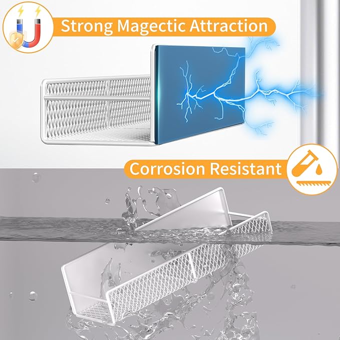Magnetic Spice Rack for Refrigerator, 2 Pack Metal Magnetic Shelf White, Moveable Spice Organizer with Hooks, Super Magnetic Fridge Shelf for Kitchen Organization and Storage - Image 4