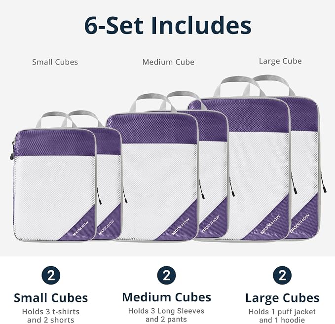 Compression Packing Cubes 6 Set, Compressible Space-Saving Packing Cubes for Travel - Compression Bags, Luggage Organizer, Travel Essentials for Women, Purple - Image 3