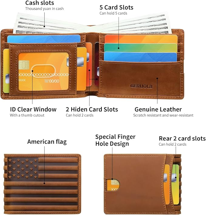 Wallet for Men-Genuine Leather RFID Blocking Bifold Stylish Wallet American Flag Wallet With 1 ID Window (Brown, Without ID Window) - Image 2