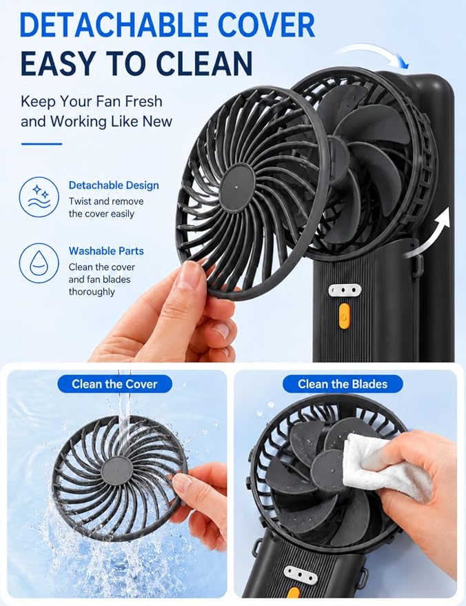 Portable Mini Fan, Quiet Foldable Fan with Lanyard (Black) | 4 Speeds, 15H Rechargeable Battery, Portable Pan for Travel, Home, Office, Outdoor, Makeup, Women, Men, Black - Image 8