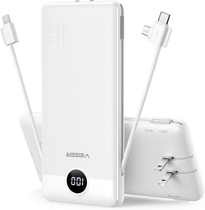 VEGER Portable Charger for iPhone, Power Bank Built in Cables and Wall Plug | 10000mAh,Ultra Slim&Compact,5 Outputs,LED Display,Flight-Safe,Travel Essentials Battery Pack for iPhone 17,iPad, Samsung,etc by VEGER