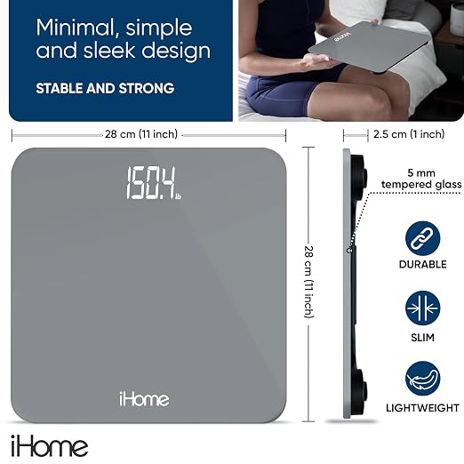 iHome Digital Scale, Bathroom Scale, Batteries Included, Scale Body Weight, Weight Scale, Digital Scale, Bathroom Scales for Weight, Digital Scales for Body Weight (Grey) - Image 3