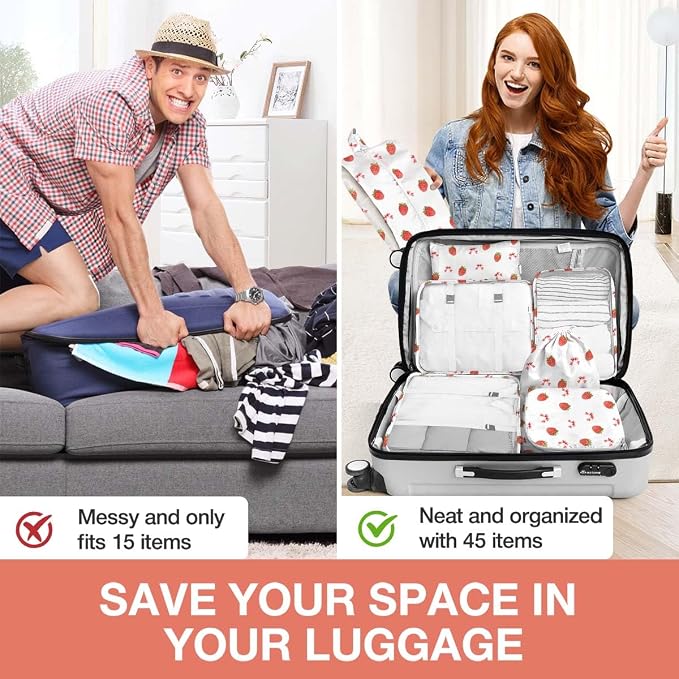 8 Set Packing Cubes for Suitcases,Packing Cube with Shoe, Cosmetics, Clothing, and Accessories Bags Packing Cubes for Travel Luggage Organizer Women Men(Strawberry Bows) - Image 6