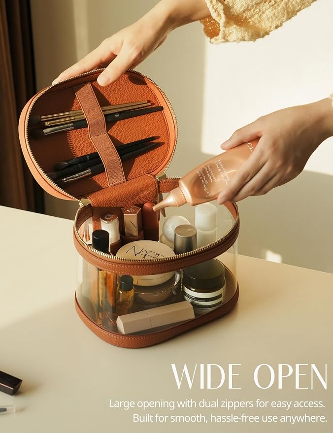 Travel Makeup Case Clear Vanity Bag with Brush Holder, Compact Leather Train Case Brown Make Up Bag Storage Organizer Luxury Cosmetic Case Travel Essentials Cute Portable with Handle - Image 4
