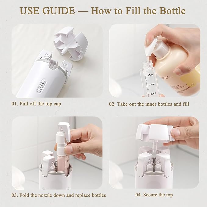 4 in 1 Travel Dispenser Bottle, Leak Proof Refillable Travel Toiletry Containers, Travel Bottles Set Meets TSA 3-1-1 Requirements for about 3 Days Business Trip (Per Person), 4 x 30ml, White - Image 4