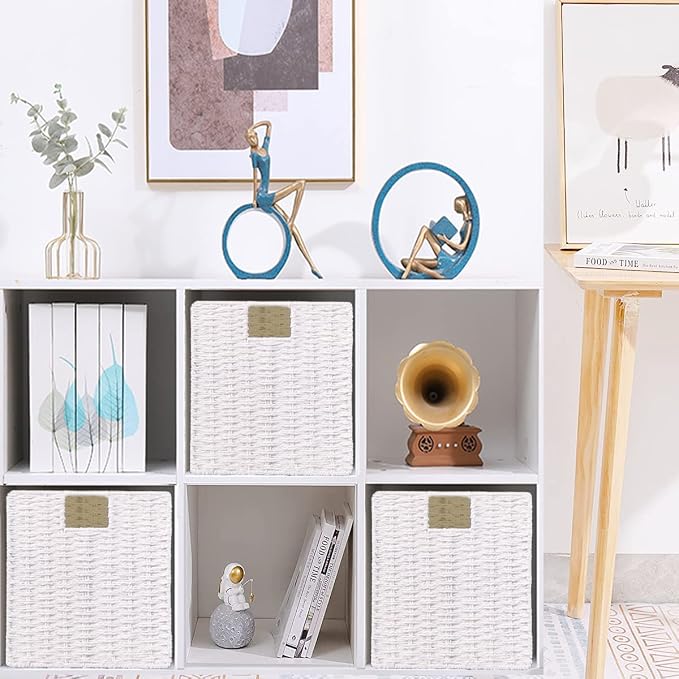 Wicker Storage Basket, Set of 2 Hand-Woven Storage Baskets for Organizing, White Foldable Cube Storage Bins Organizer, 9 x 9 Inch Square Wicker Storage Baskets for Shelves Pantry Decor - Image 7