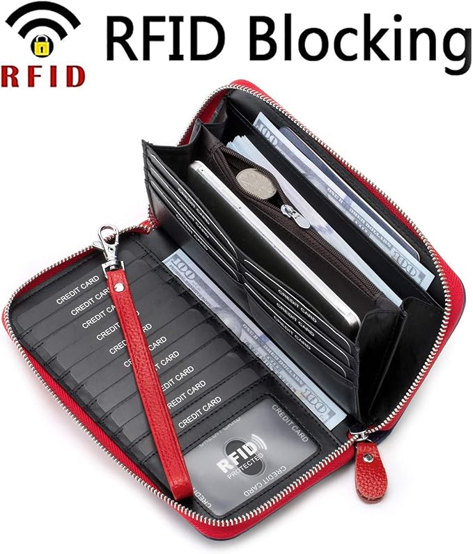 Moflycom Womens Wallet RFID Blocking Genuine Leather Multi Credit Card Large Capacity Zip Around Clutch Travel Purse Wristlet - Image 2