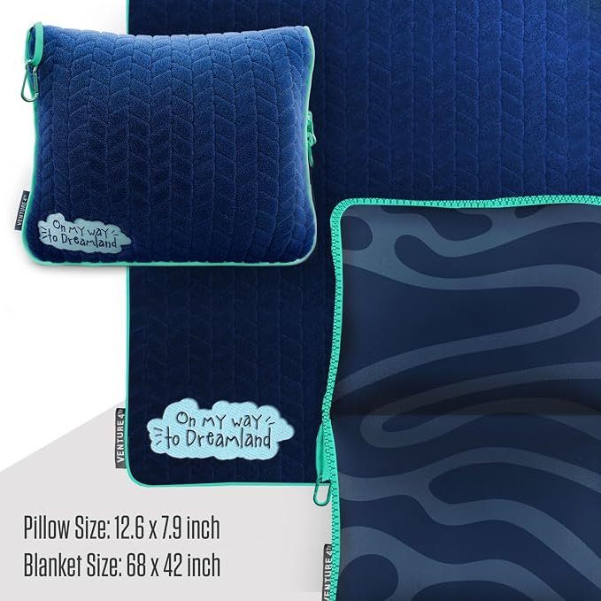 VENTURE 4TH Travel Blanket Pillow, 2-in-1 Soft Plush - Navy/Teal | 68"x42" ultra-soft micro plush Blanket. Folds into portable Pillow Case with Travel Sleeve & Clip. Lint-free, no shedding. - Image 2