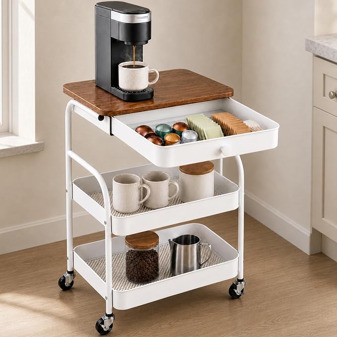 3 Tier Rolling Cart with Hidden Drawer and Wood Top, Small Space Storage Cart with Wheels, Coffee Station Organizer and Side Table Cart for Living Room, Bedroom, Kitchen, White by BuyNow