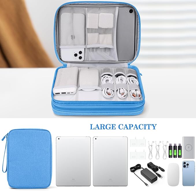 FYY Electronic Organizer, Travel Tech Pouch Bag, Extra Large, Cyan | Wrist Strap, Waterproof, Double Layers Electronics Travel Case for iPad, Cord, Laptop Charger, Daily and Business Trips Use - Image 6