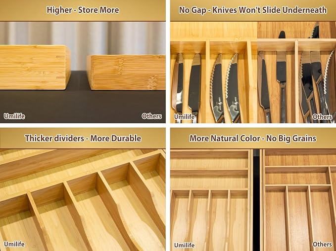 Large Expandable Kitchen Silverware Utensils Drawer Organizer, 2.5" Extra High Adjustable Drawer Divider with Curved Grooves, Bamboo Wood Cutlery Tray Flatware Holder - Image 5
