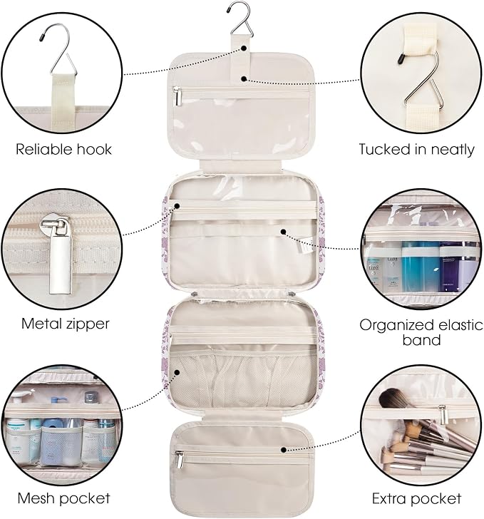 Narwey Travel Toiletry Bag for Women Large Hanging Makeup Bag Organizer Toiletries Bag for Full Size Essentials Accessories Cosmetics (Dusty Pink Flower (Large)) - Image 7