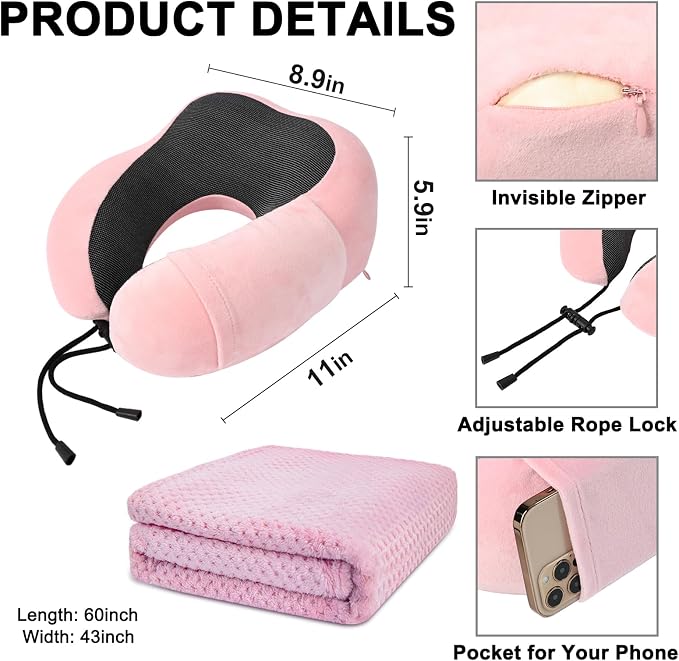 urnexttour Travel Pillow and Blanket Set Neck Pillow Airplane Memory Pink | 43x60 Inch Plane Blanket, Traveling Compact Storage Bag, Eye Mask, and Earplugs for Ultimate Flight Comfort, Women and Men - Image 5