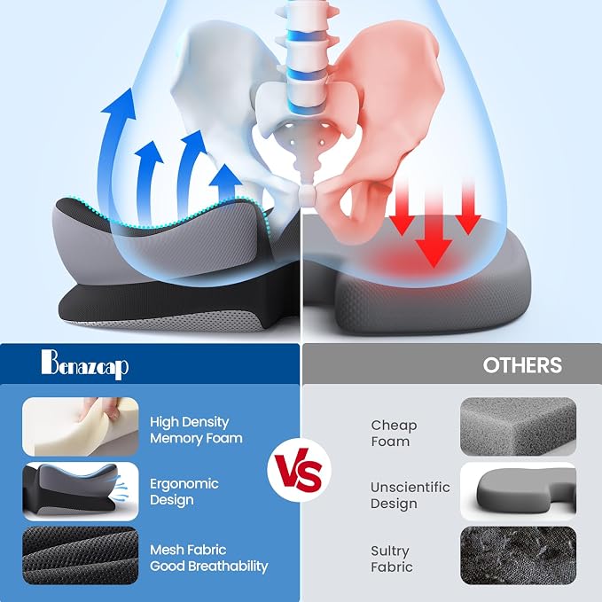 Benazcap Large Seat Cushion for Office Chair Memory Foam Coccyx Pain Relief Cushion Pillow for Back Support Non-Slip Seat Pad - Image 4