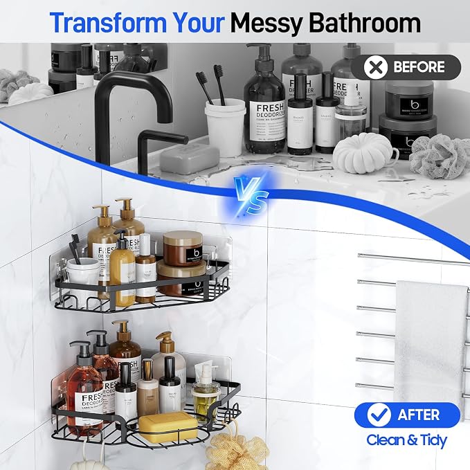 Corner Shower Caddy, Rustproof Shower Organizer with Soap Holder and 8 Hooks, No Drilling Adhesive Shower Shelves for Inside Shower, Large Capacity Shower Rack for Bathroom Shower Storage, X-Large - Image 9