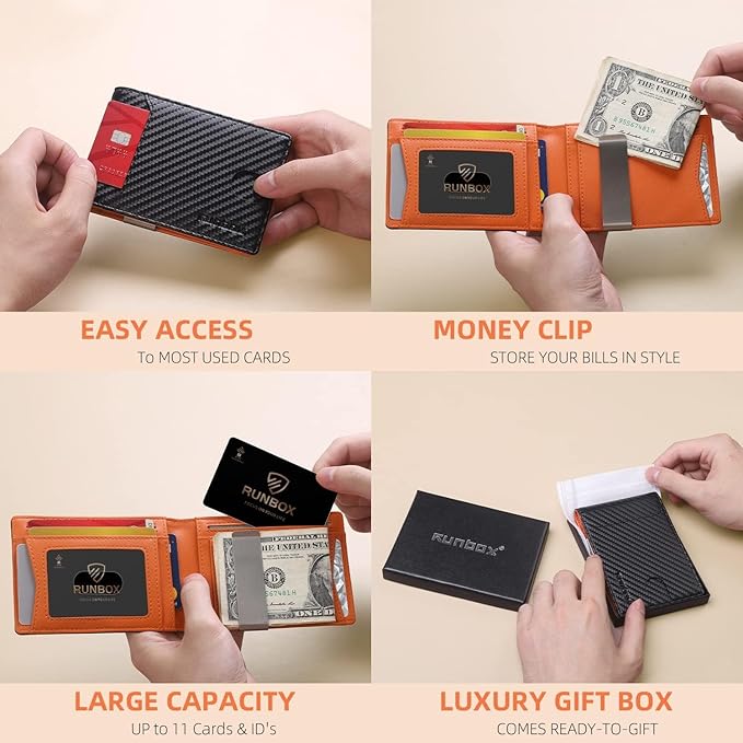 RUNBOX Slim Wallet for Men - RFID Blocking Leather Bifold with Money Clip | Minimalist Front Pocket Wallet Holds 11 Cards,Slim Thin Design,RFID Blocking Protection, Practical Birthday Gifts for Men - Image 3