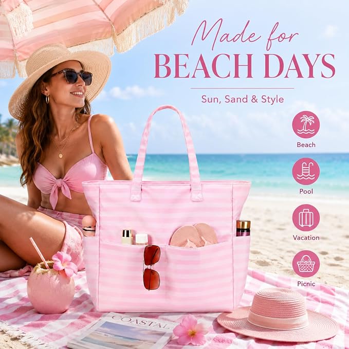LEDAOU Large Beach Bag for Women, Waterproof Sandproof Tote Bag with Zipper | 36L Pool and Swim bag with Zipper, Wet/Dry pocket and 7 Pockets for Beach Days, Cruises, Vacations and Family travel - Image 4