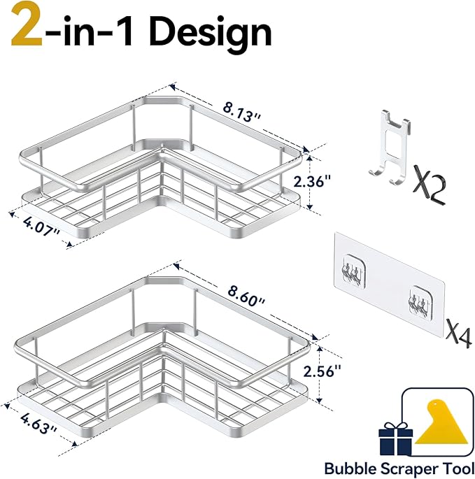 Corner Shower Caddy Adhesive, 100% Rustproof Shower Organizer, No Drill Shower Shelf for Inside Shower, Wall-Mounted Shower Storage for Homes (2 Pack, Silver) - Image 2