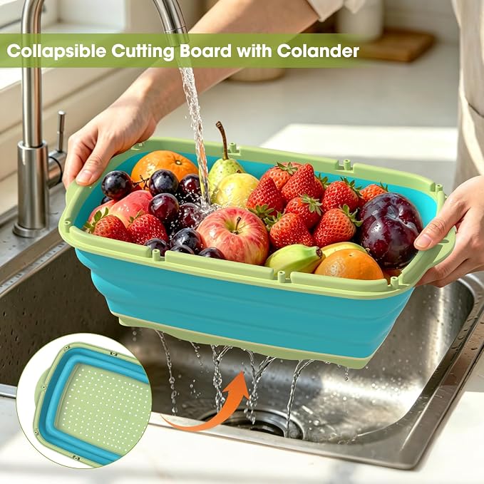 Gintan Camping Cutting Board, 9-in-1 Collapsible Chopping Board with Colander, Kitchen Vegetable Washing Basket for Camping, Camping Gifts Camping essentials for RV Campers (Blue Green) - Image 5