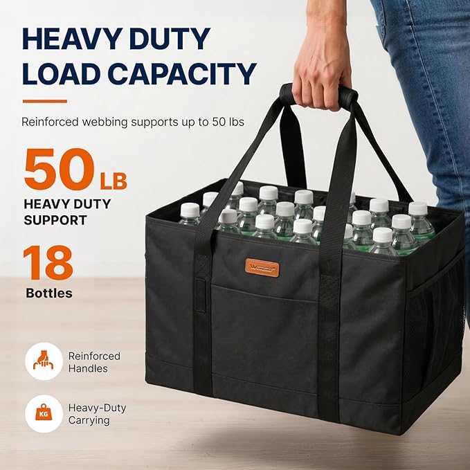 WONDAY Black Foldable Utility Tote Bag, Reusable Grocery Bag | 22x11x13in, holds 50lbs, 600D Oxford fabric with PP board bottom, folds flat, side panels only, not self-standing - Image 6