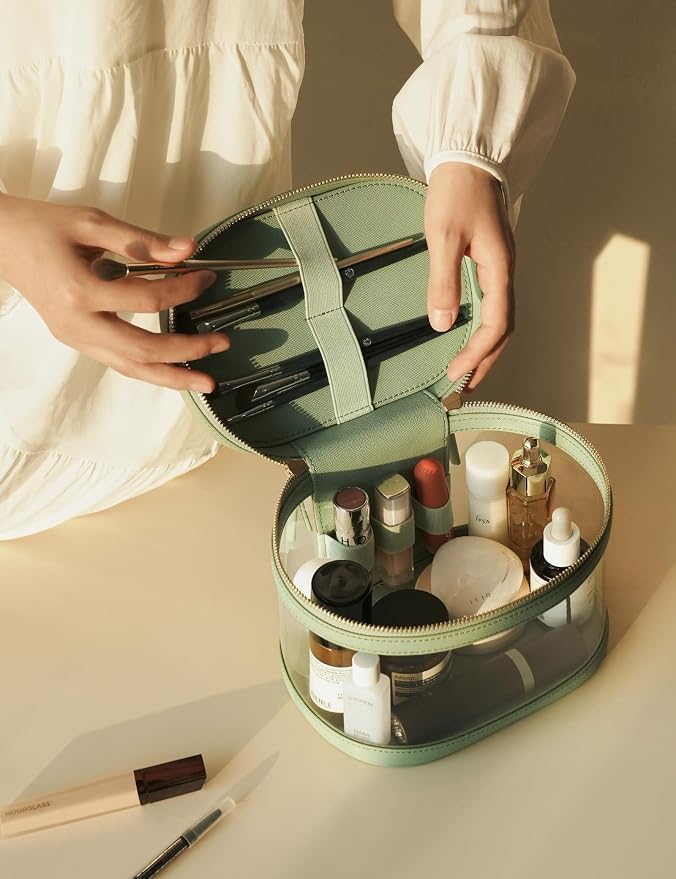 Travel Makeup Case Clear Vanity Bag with Brush Holder, Compact Leather Train Case Sage Green Make Up Bag Storage Organizer Luxury Cosmetic Case Travel Essentials Cute Portable with Handle - Image 6
