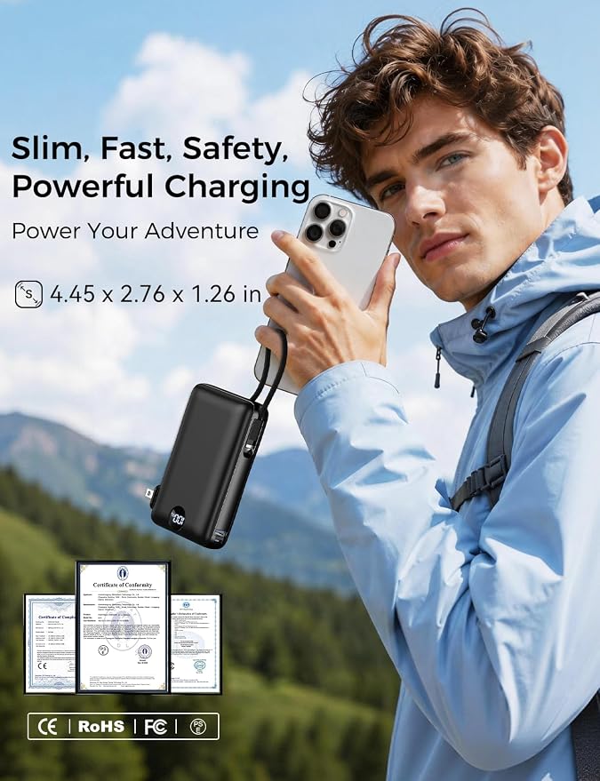 Portable Charger Power Bank 50000mAh Massive Capacity with Wall Plug Black | Built-in USB-C & iOS Cables, 22.5W Fast Charging Battery Pack with LED Display, Travel Essential for Camping, iPhone/Samsung - Image 5