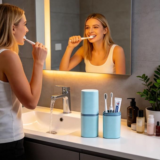Toothbrush and Toothpaste Travel Case - 2 in 1 Portable Travel Toothbrush Holder with Mouthwash Cup, Dustproof Toothbrush Case for Traveling Camping Business Trip Dorm Bathroom - Image 3